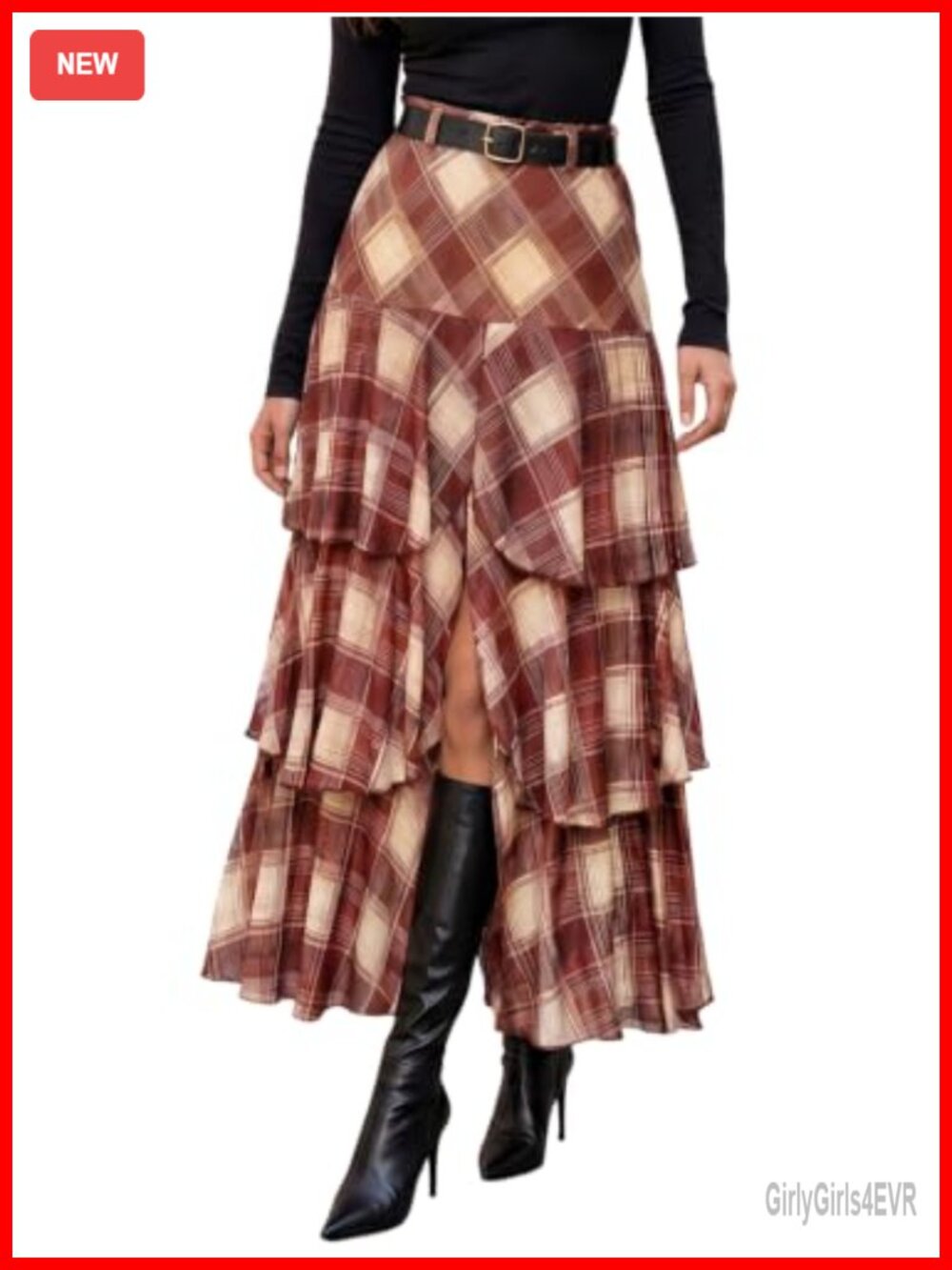 Womens Plaid Tiered Maxi Skirt High Waist Front Slit A-Line
